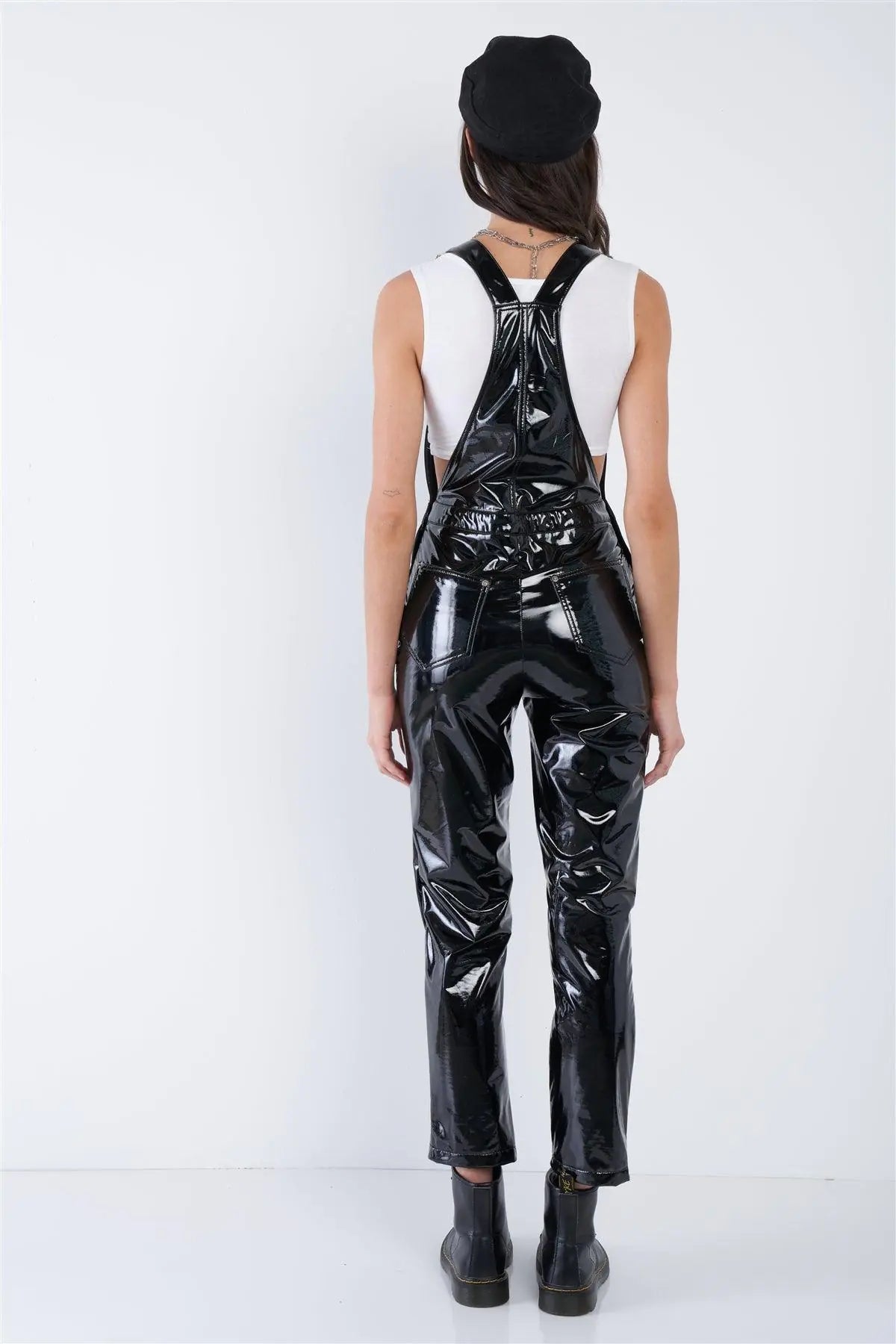 Black Faux Leather Skinny Leg Overall Jumpsuit /3-2-1