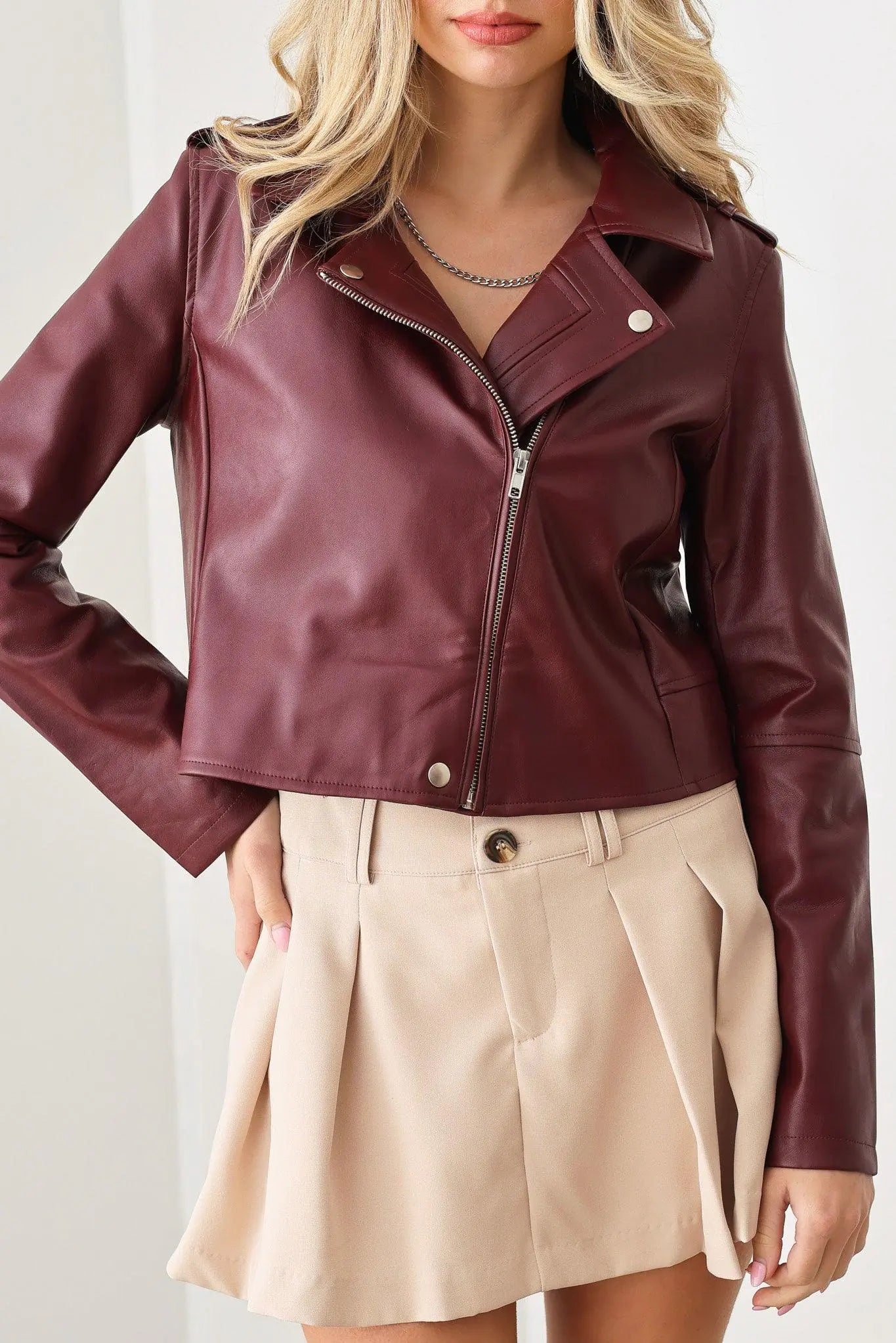 Faux Leather Collar Plain Zipper Biker Jacket