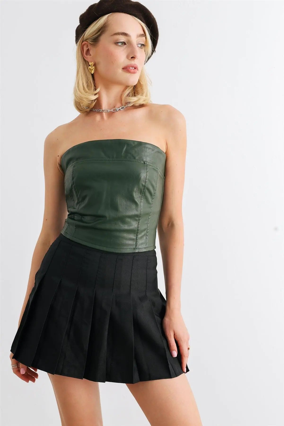 Dark Green Faux Leather Strapless Crop Corset Top /1-2-2-1