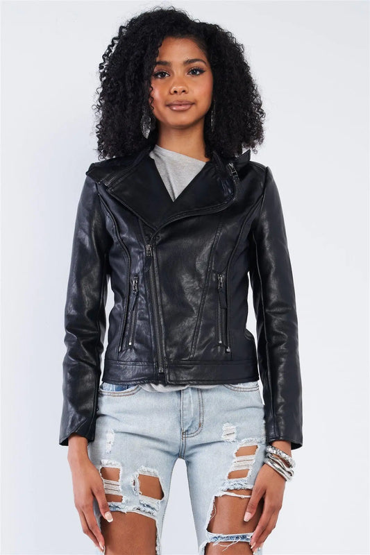 Black Vegan Leather Multiple Zipper Accent Biker Jacket /2-2-2