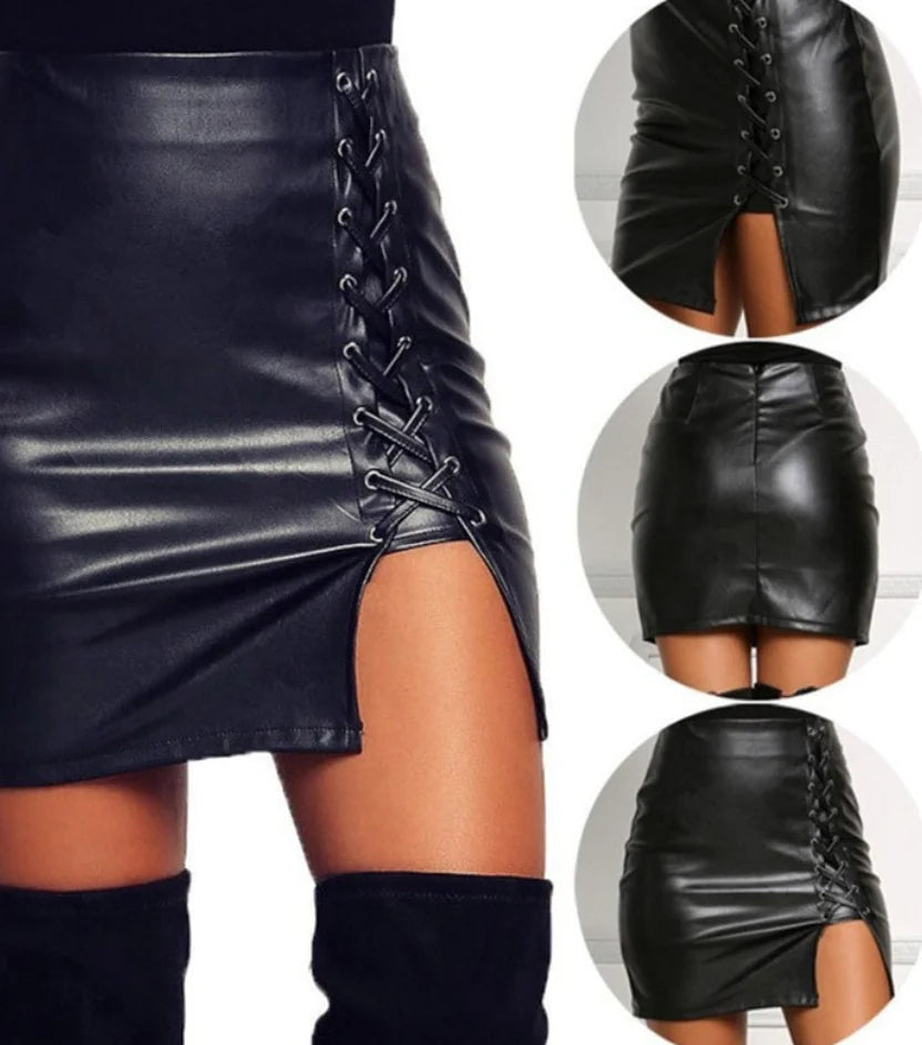 Belted Leather High-Slit Skirt