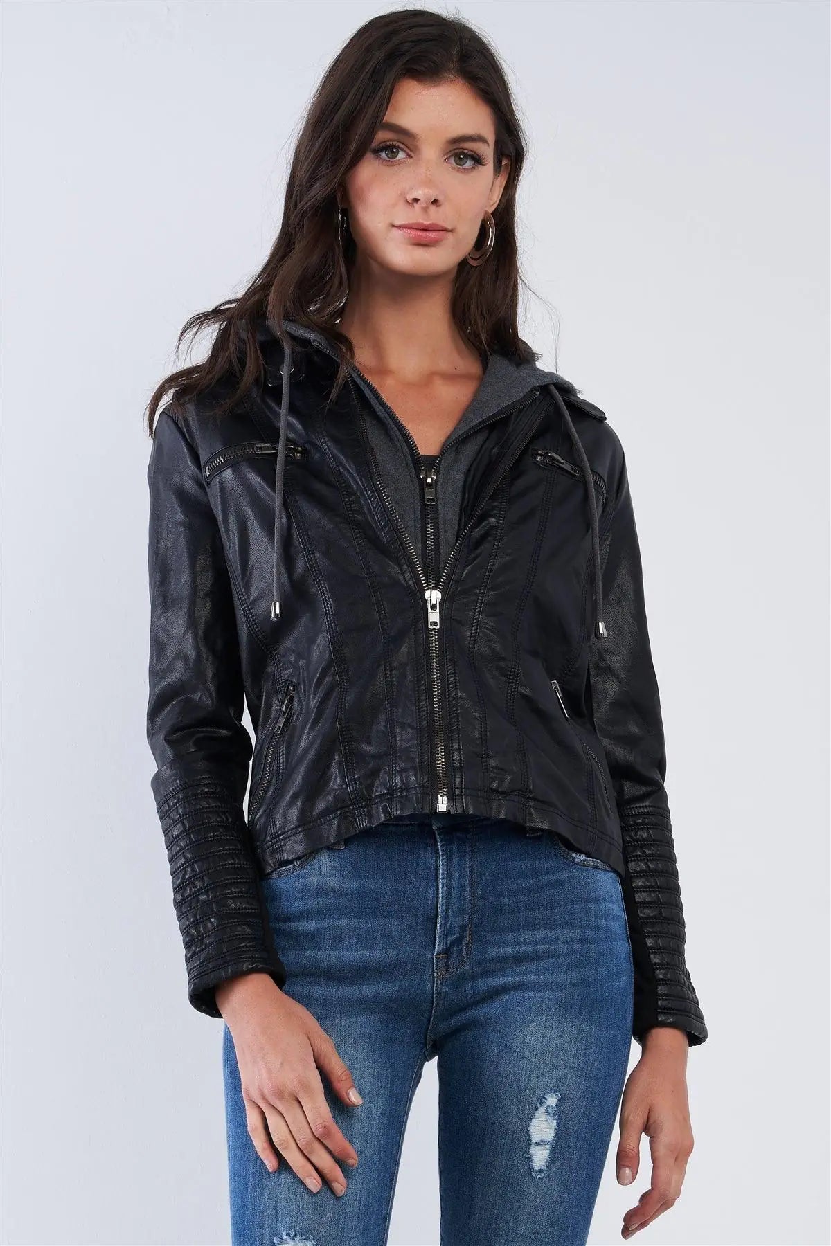 Black Vegan Leather Long Pleated Sleeve Hoodie Combo Jacket /2-2-2