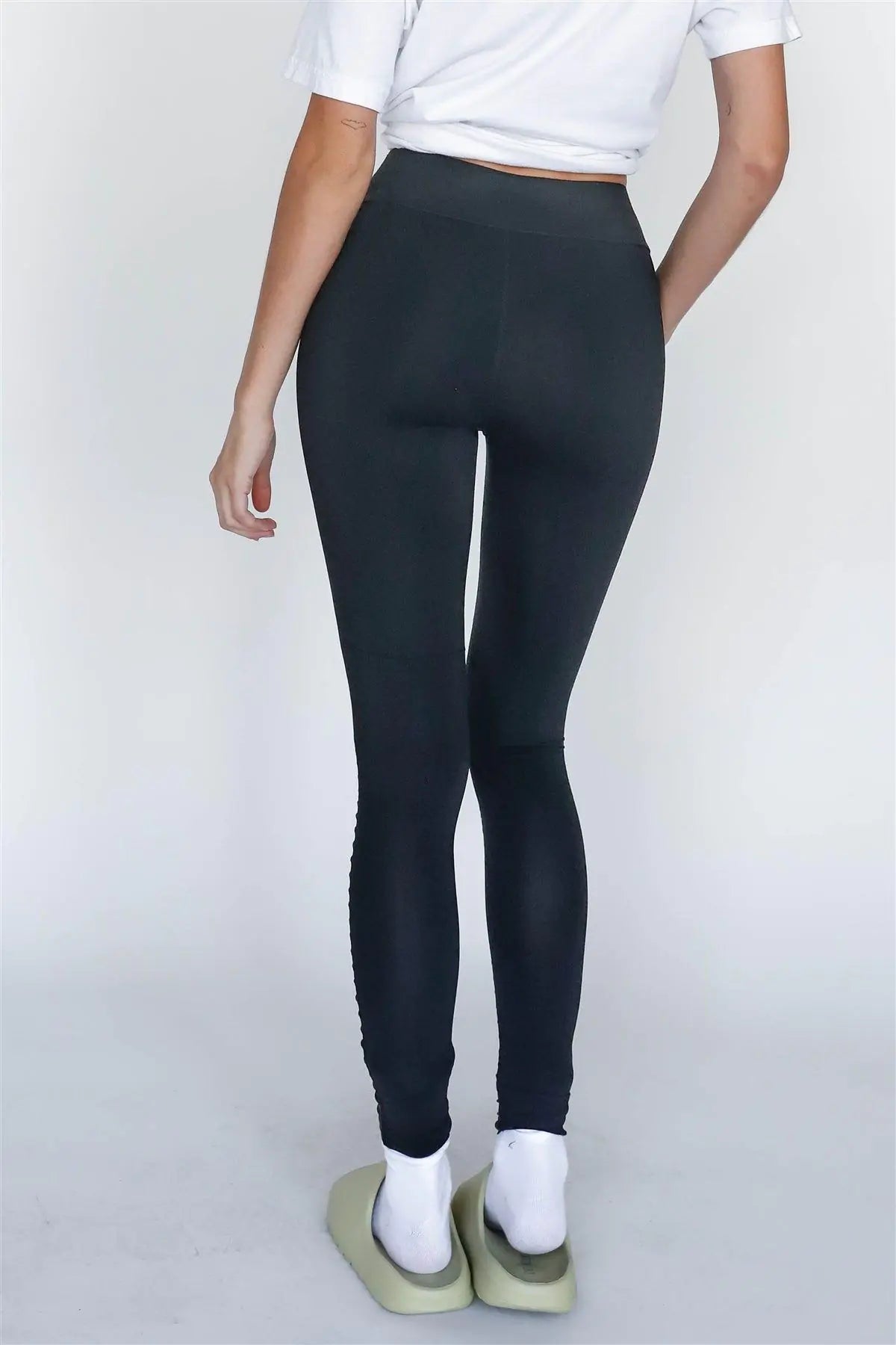 Black Glossy Faux Leather Detail High Waist Leggings