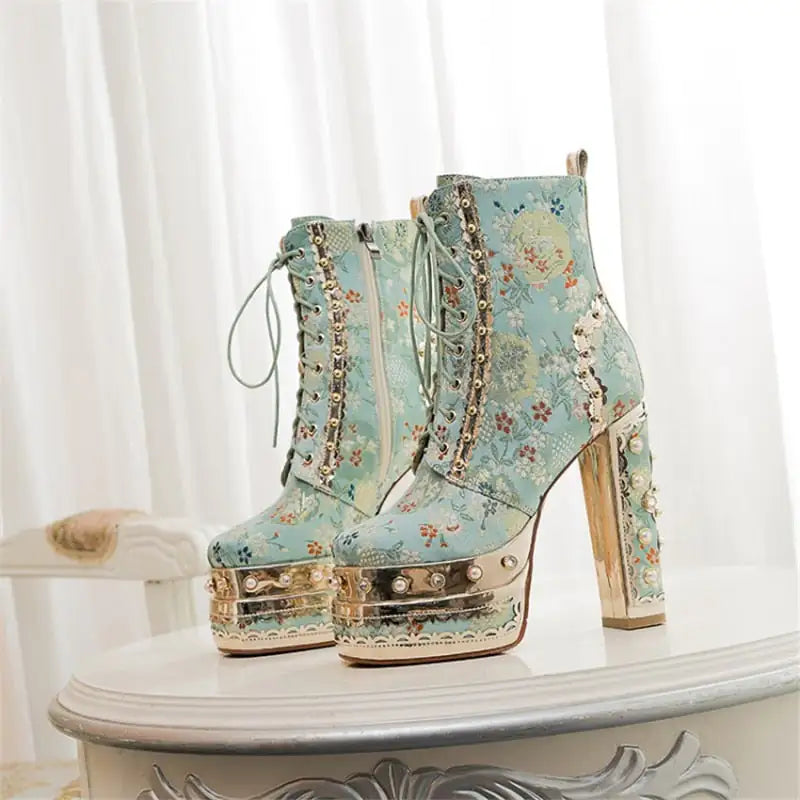 Platform Ankle Boots with Floral Pattern