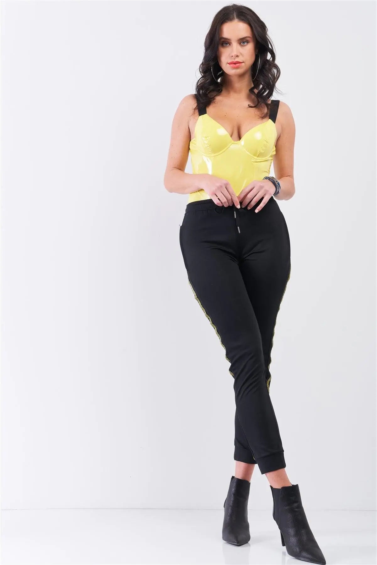 Yellow Vegan Leather Elastic Strap Bustier Bodysuit