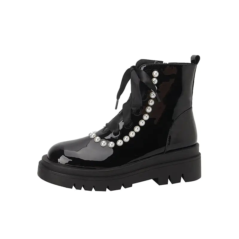 Women's Pearl Ribbon Patent Leather Ankle Boots