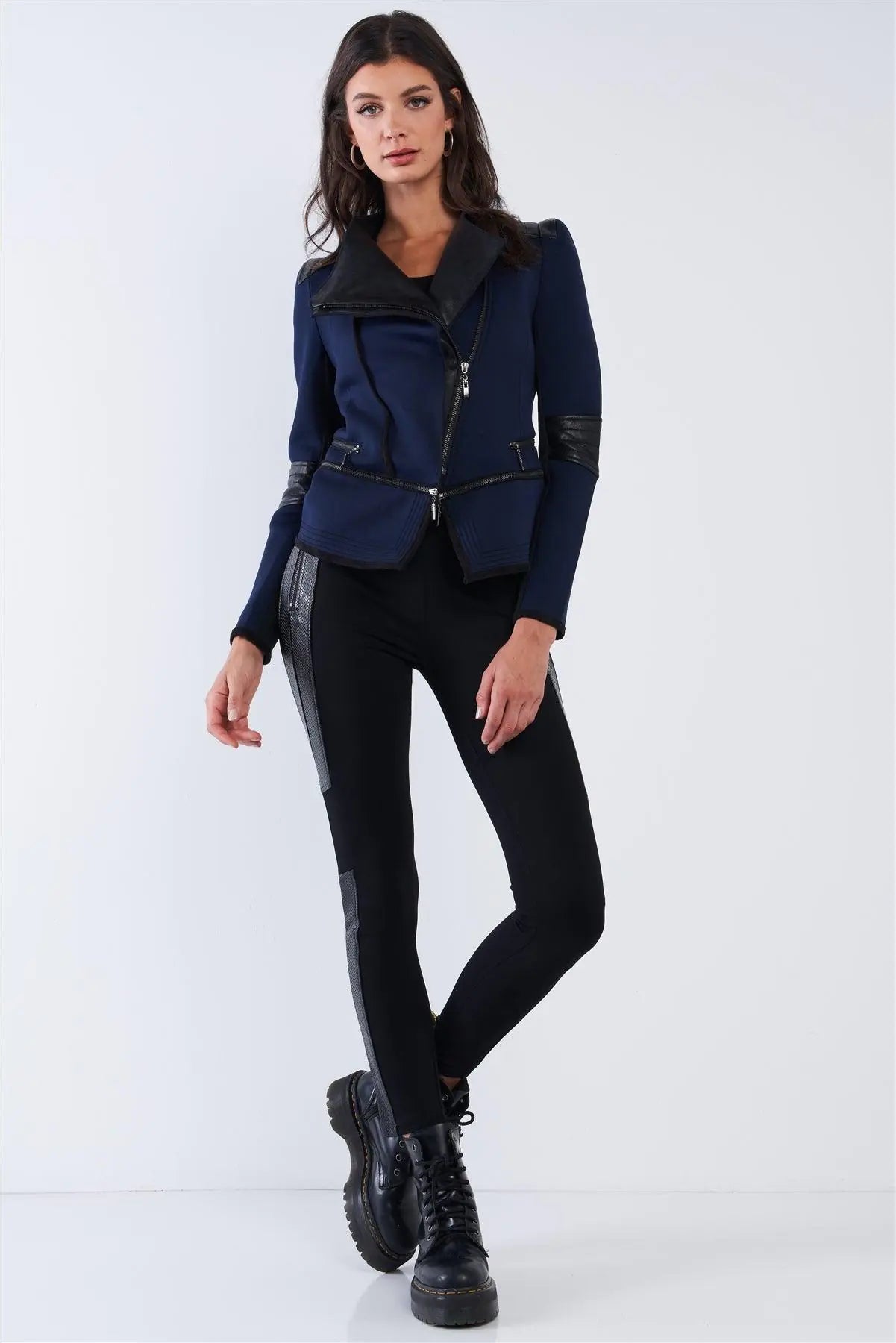 Rockstar Navy Blue Oblique Zipper Vegan Leather Jacket /2-2-2