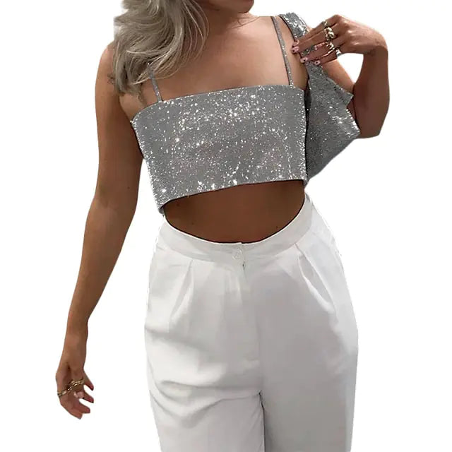 Women Sexy Gothic Crop Top Backless Bling Metallic Sequin