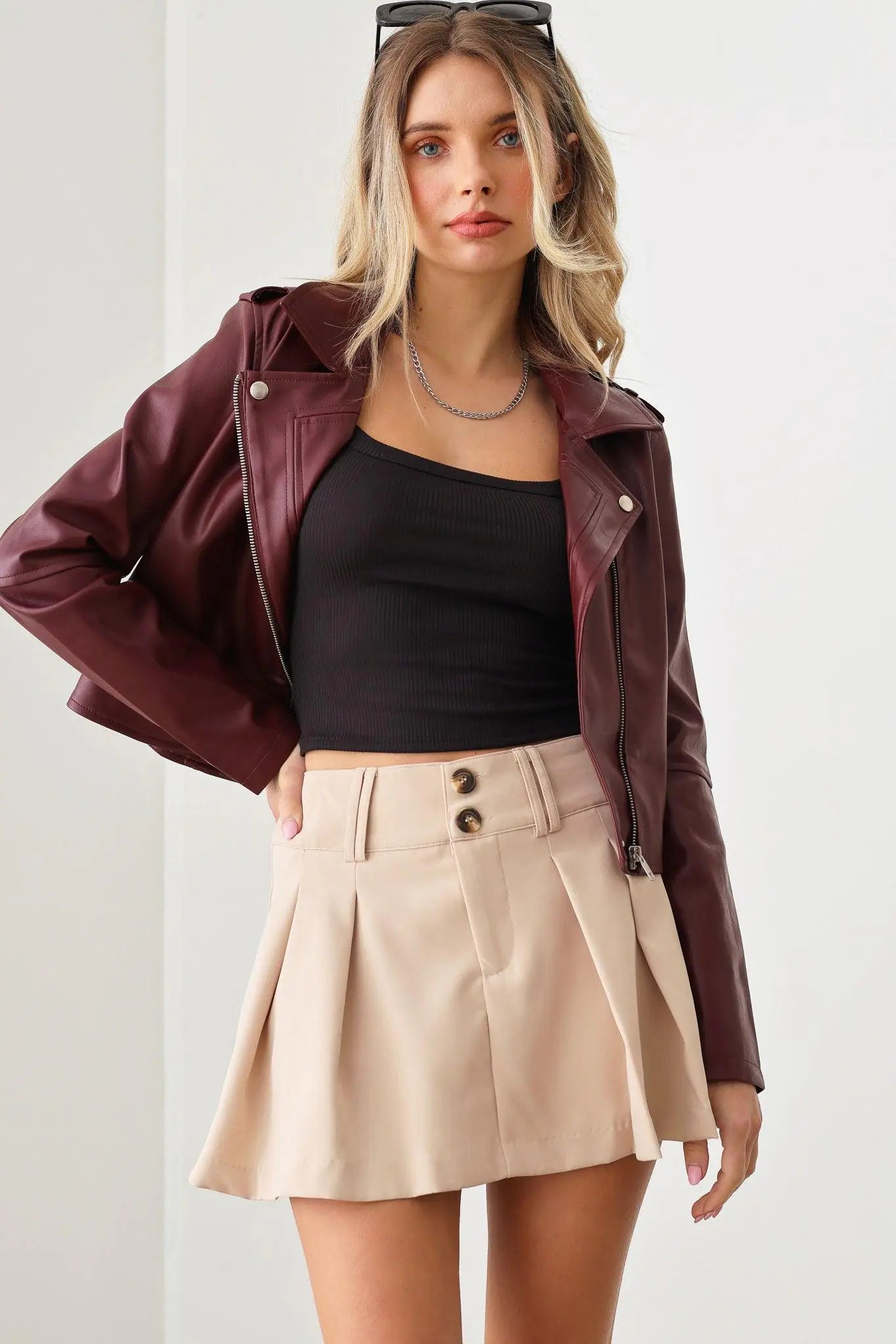 Faux Leather Collar Plain Zipper Biker Jacket