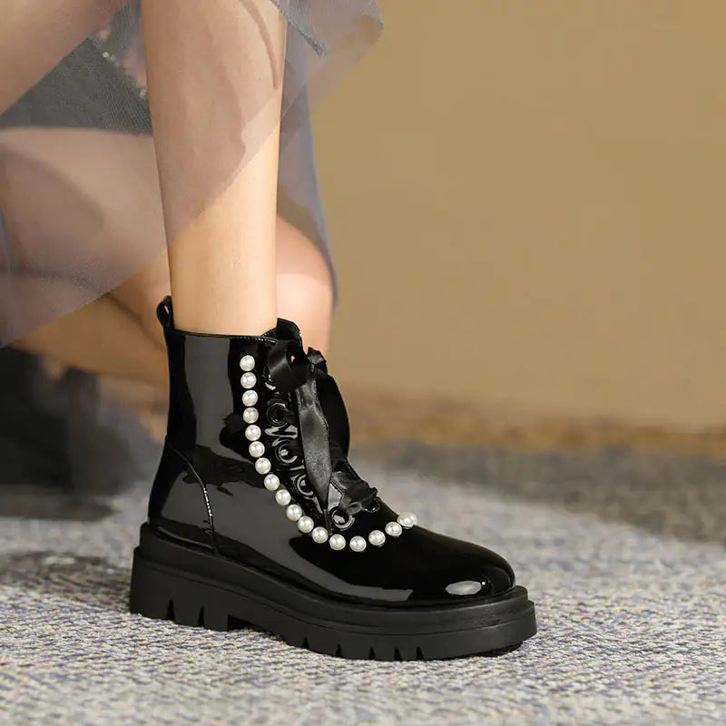 Women's Pearl Ribbon Patent Leather Ankle Boots