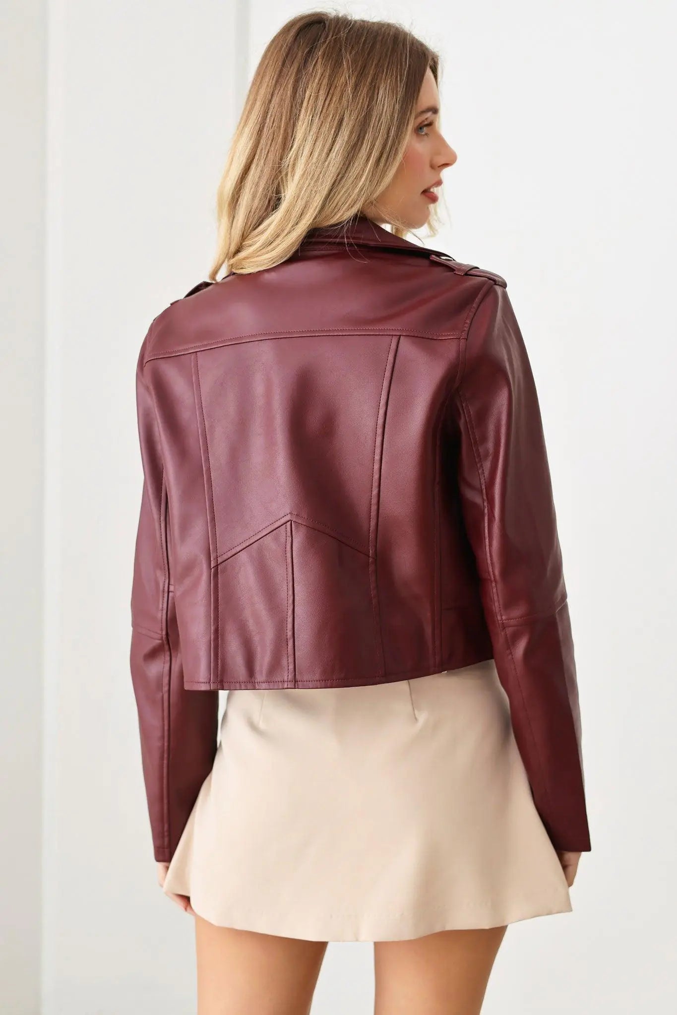 Faux Leather Collar Plain Zipper Biker Jacket