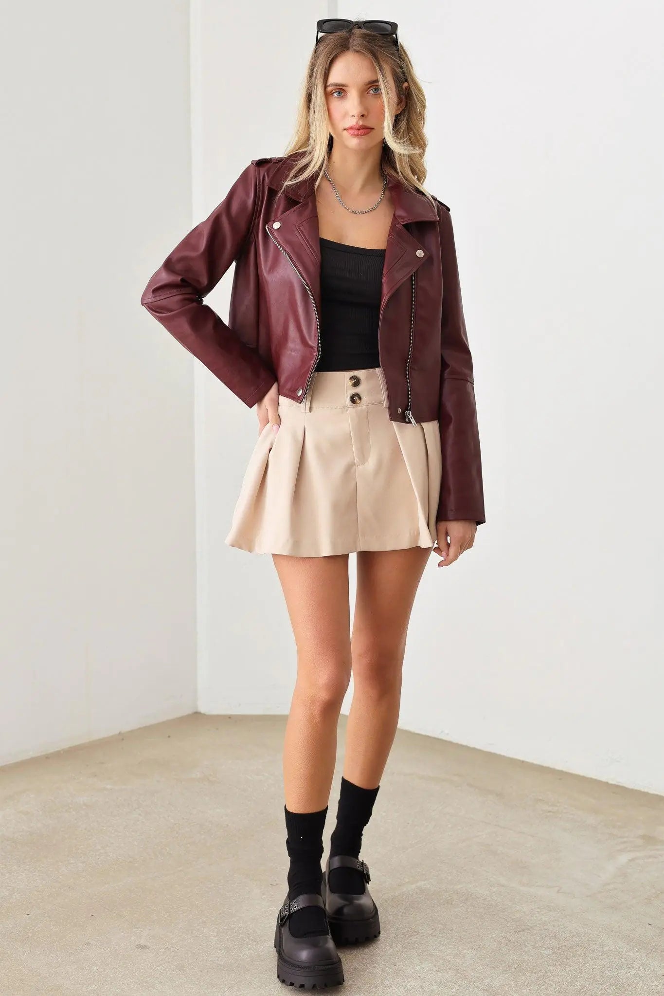 Faux Leather Collar Plain Zipper Biker Jacket