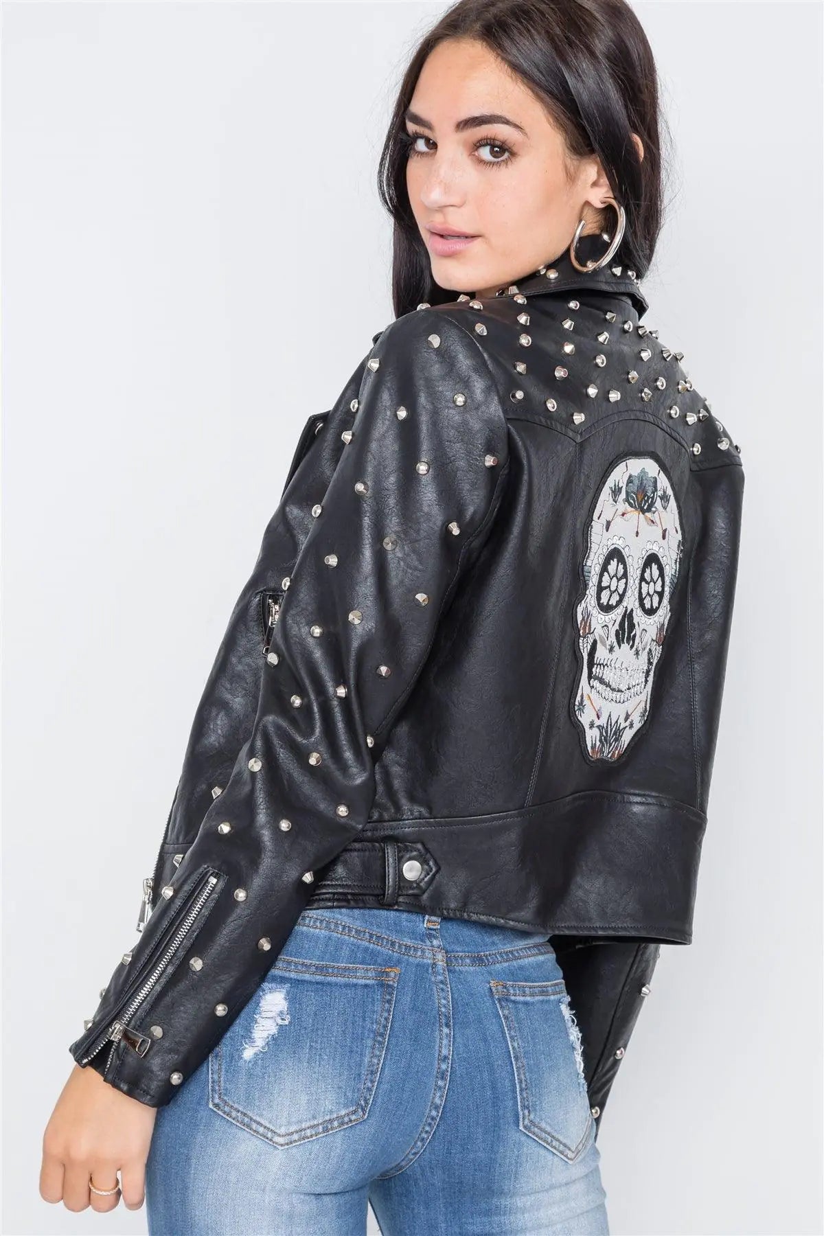 Black Studded Skull Patch Faux Leather Jacket /2-2-2