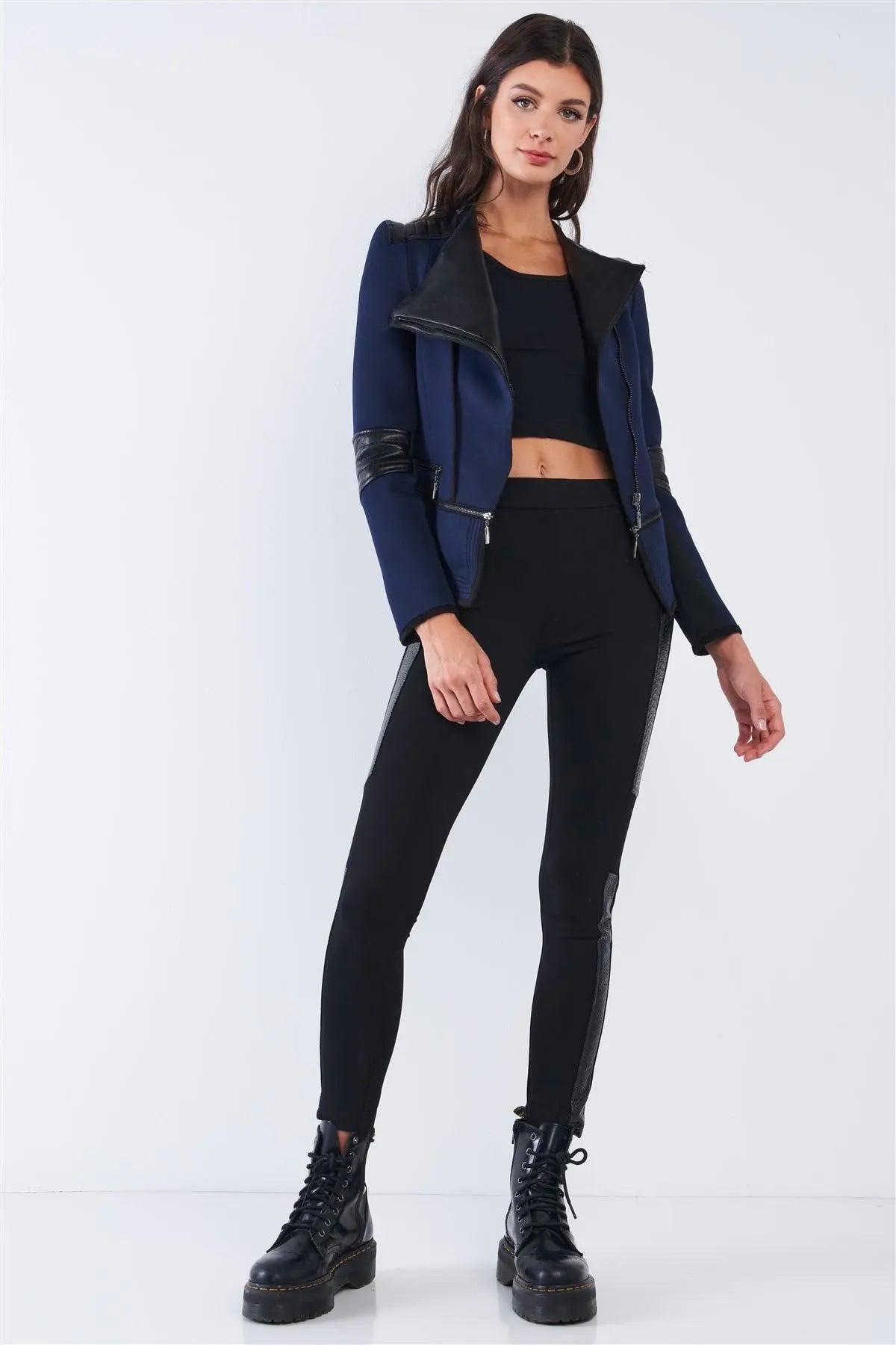 Rockstar Navy Blue Oblique Zipper Vegan Leather Jacket /2-2-2