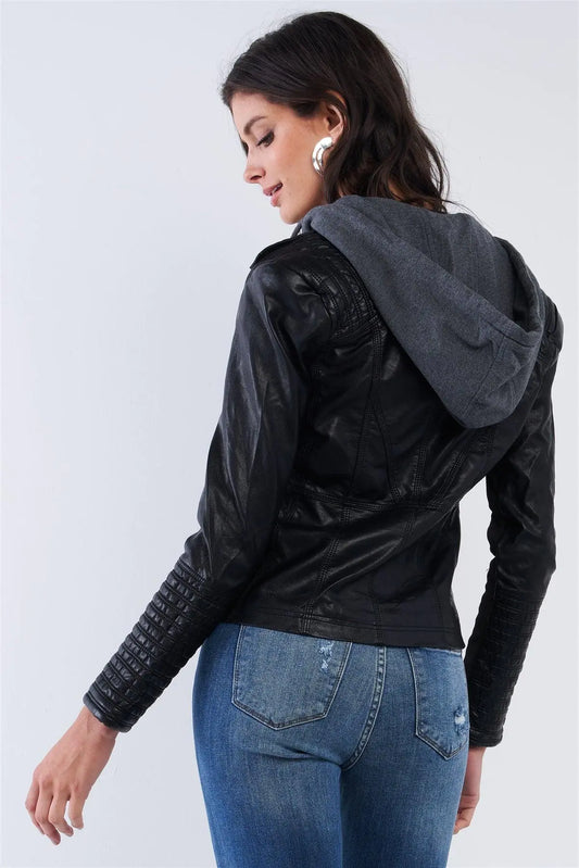 Black Vegan Leather Long Pleated Sleeve Hoodie Combo Jacket /2-2-2