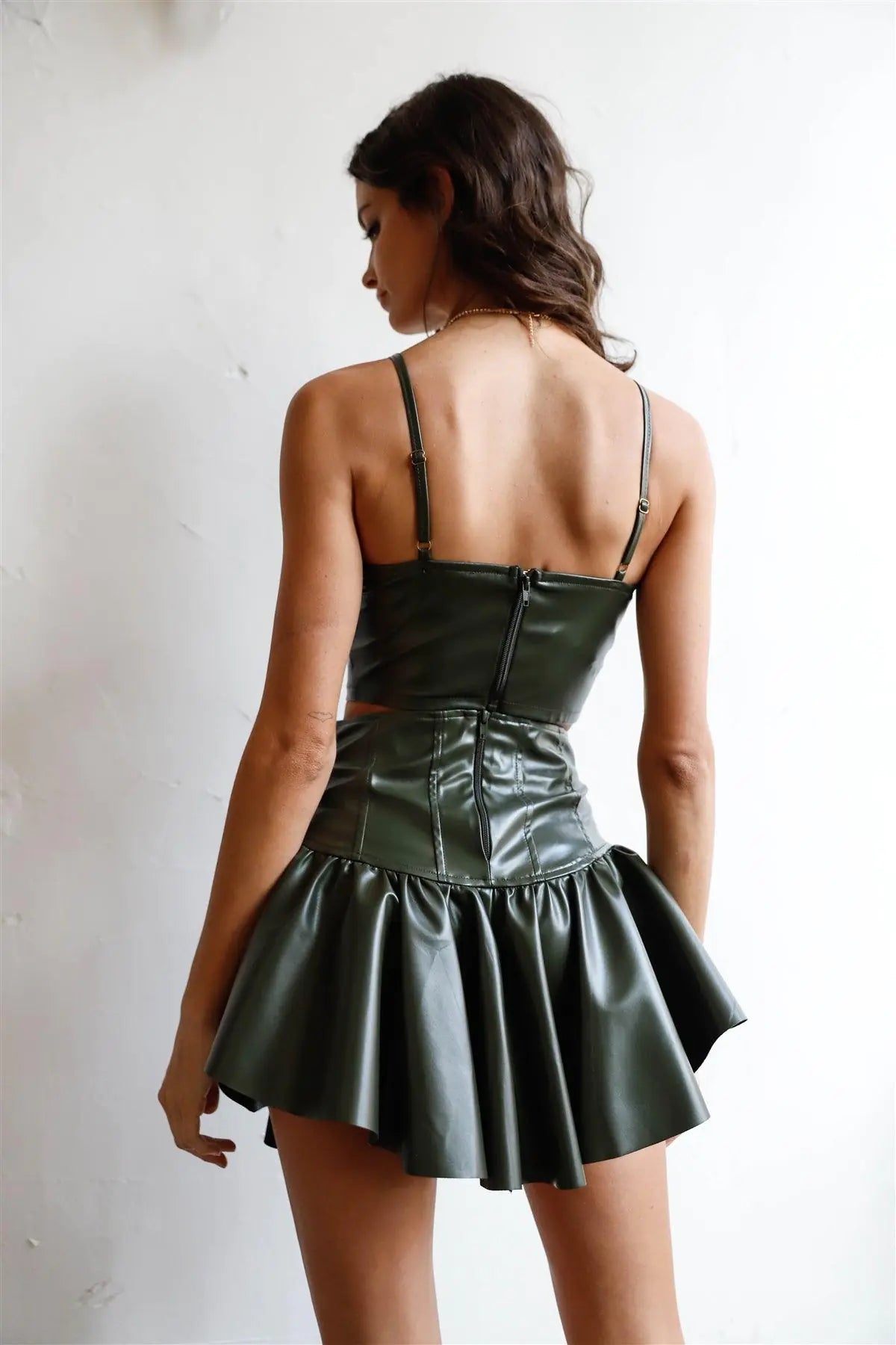 Olive Faux Leather Lace Up Bustier Top & Corset Ruffle Mini Skirt Set /2-2-2