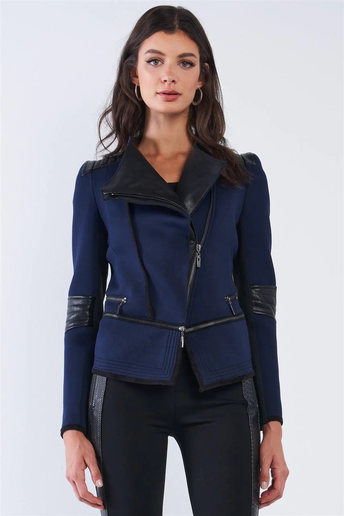 Rockstar Navy Blue Oblique Zipper Vegan Leather Jacket /2-2-2