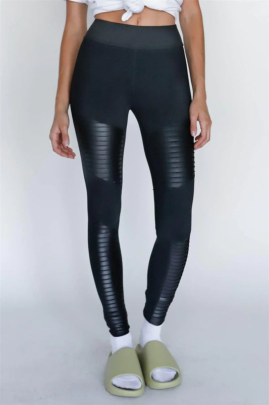 Black Glossy Faux Leather Detail High Waist Leggings